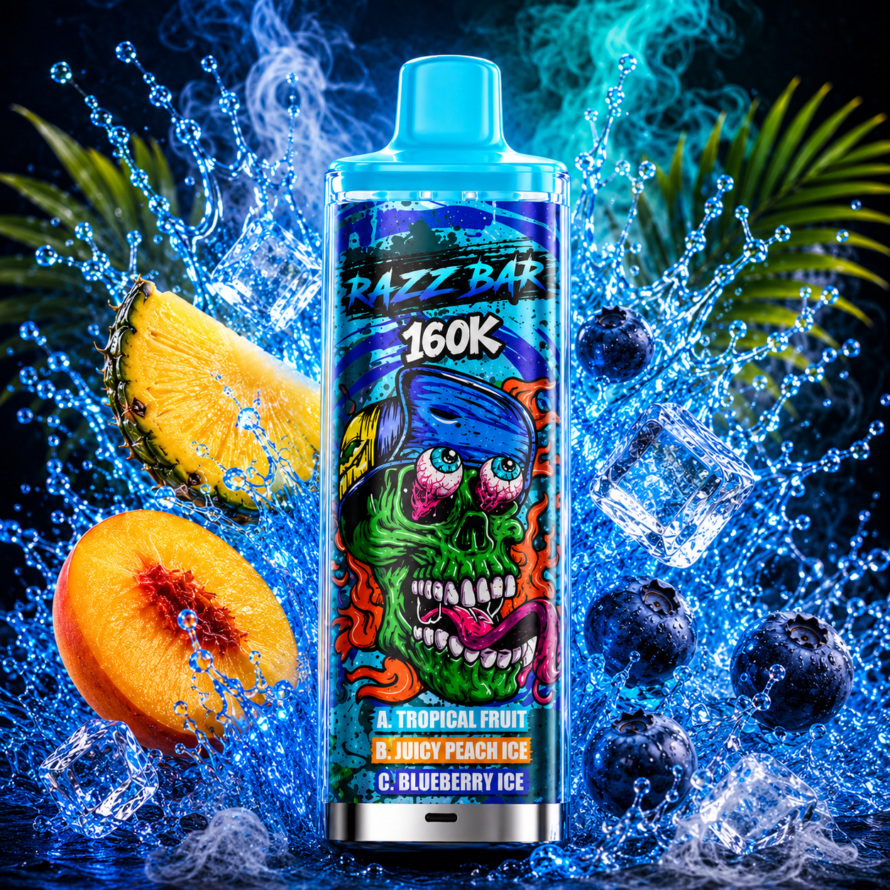 Razz Bar 160K Tropical Fruit, Juicy Peach Ice & Blueberry Ice